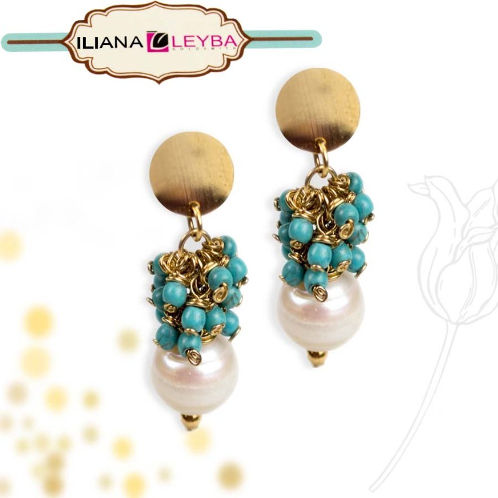 Iliana Leyba Handcrafted Turquoise, Pearl Earrings
